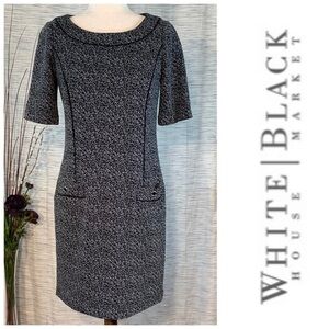 White House Black Market black and white tweed style short sleeve sheath dress.
